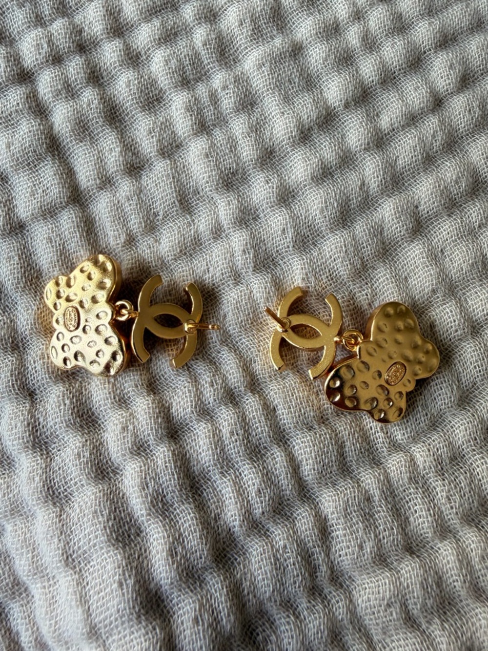 Chanel Gold CC Butterfly Drop Earrings w/ Pearl & Red Crystals - Picture 6 of 10